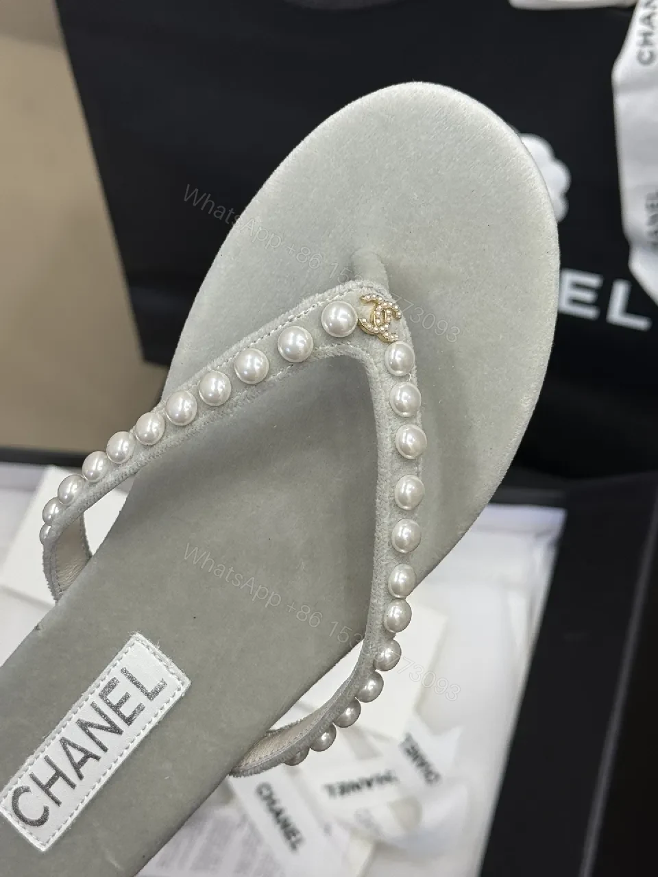 View 3 of Pearl-Embellished Light Gray Suede-Flip Sandals with Logo