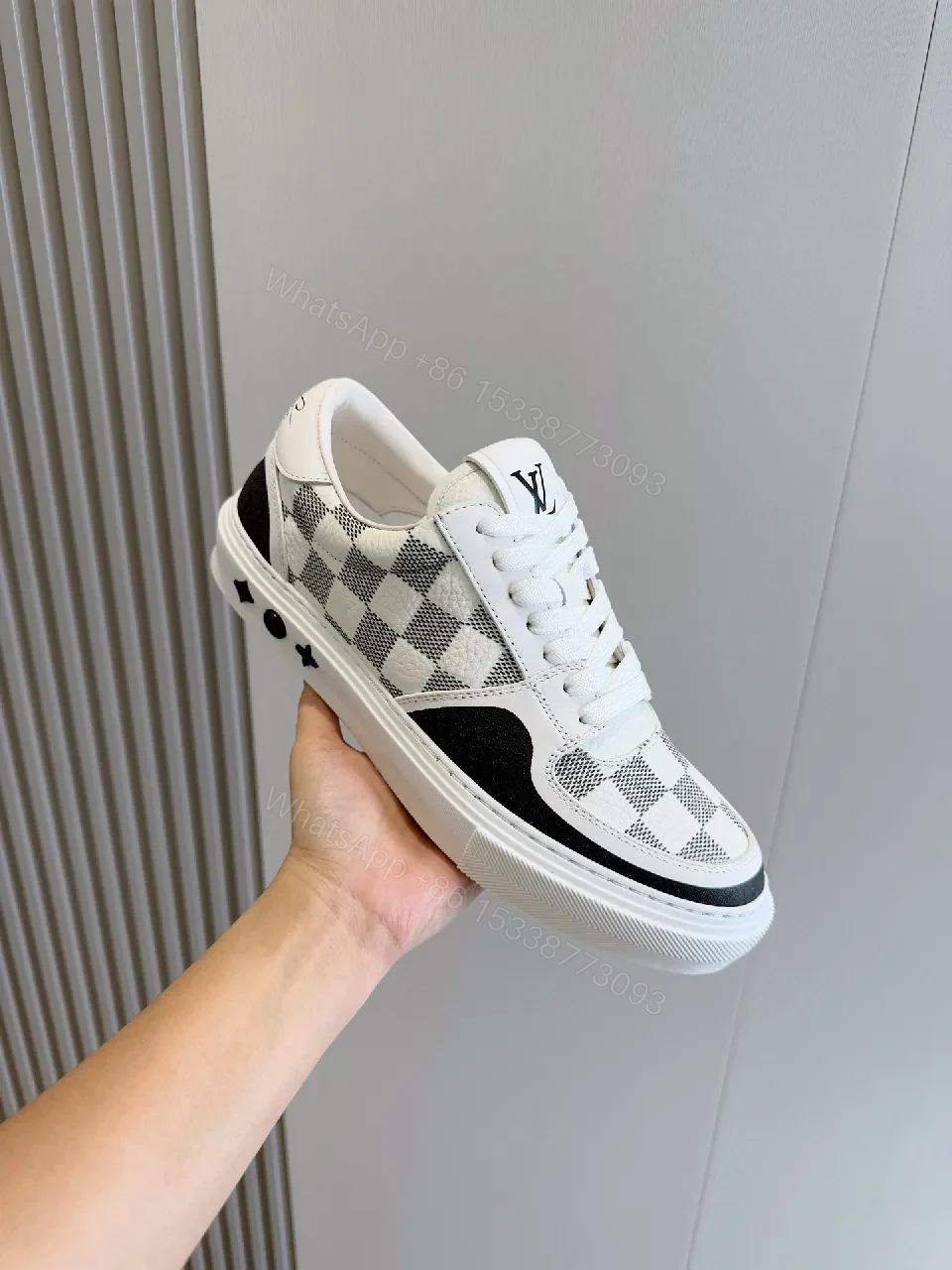 View 4 of White & Grey Checkerboard Leather Sneaker, LV Detail, Low-Top