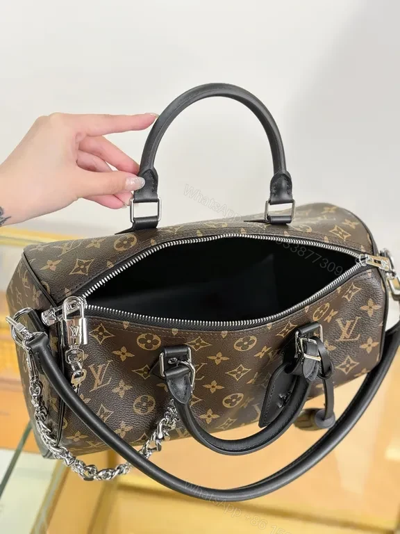 View 3 of Monogram Lux Satchel: Chain Detail Leather Trim Bag