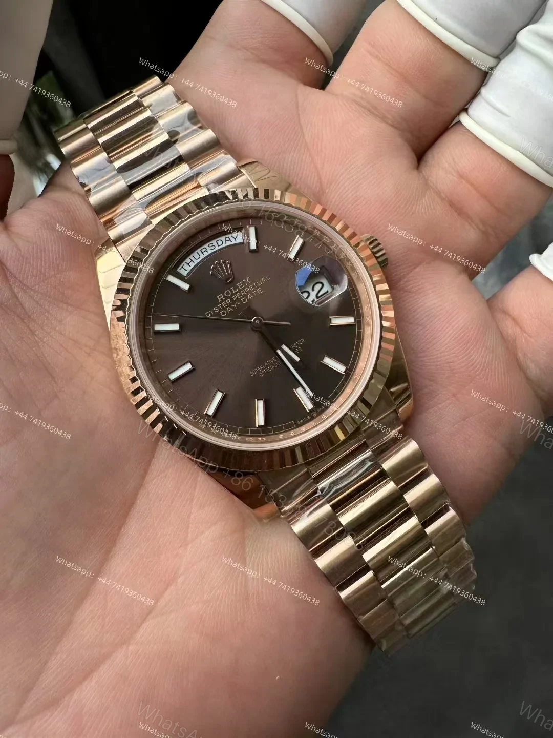 View 2 of Rolex Day-Date M228235-0053 1:1 Replica Rose Gold Chocolate Dial 40MM 3255 Movement Presidential Bracelet Super Clone Watch