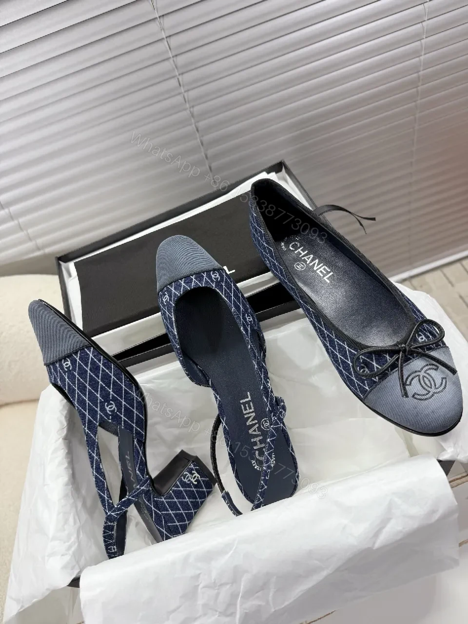 View 8 of Textured Denim-Pattern Pumps with Signature Details