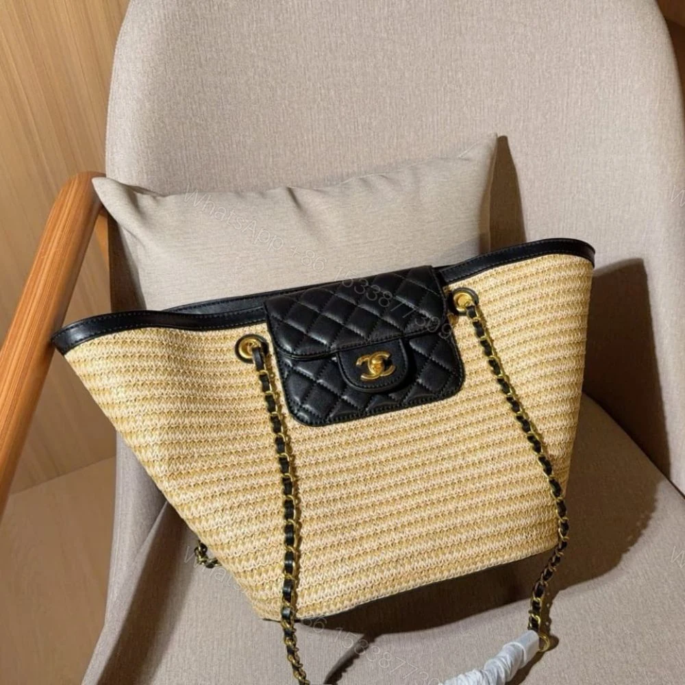View 2 of Chanel Small Shopping Bag Braided Straw Beige Black 25Cm