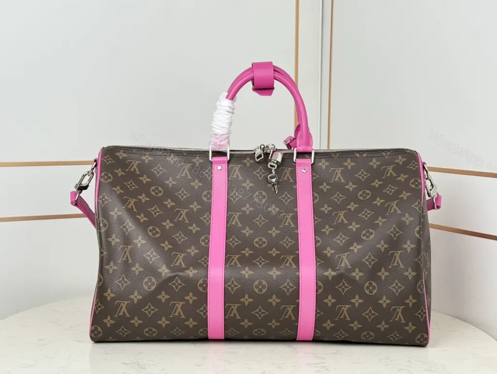 View 3 of Pink LV-Style Monogram Duffel: Luxe Crossbody-Ready Bag