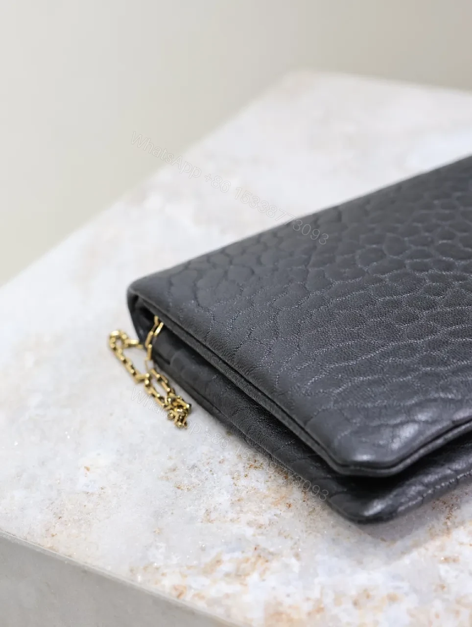 View 5 of Black Leather Clutch with Gold Hardware Chain