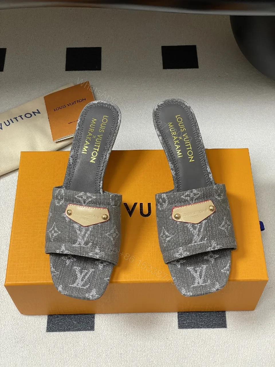 View 5 of Grey Velvet Monogram Mules with Leather Accents: Elevated Comfort