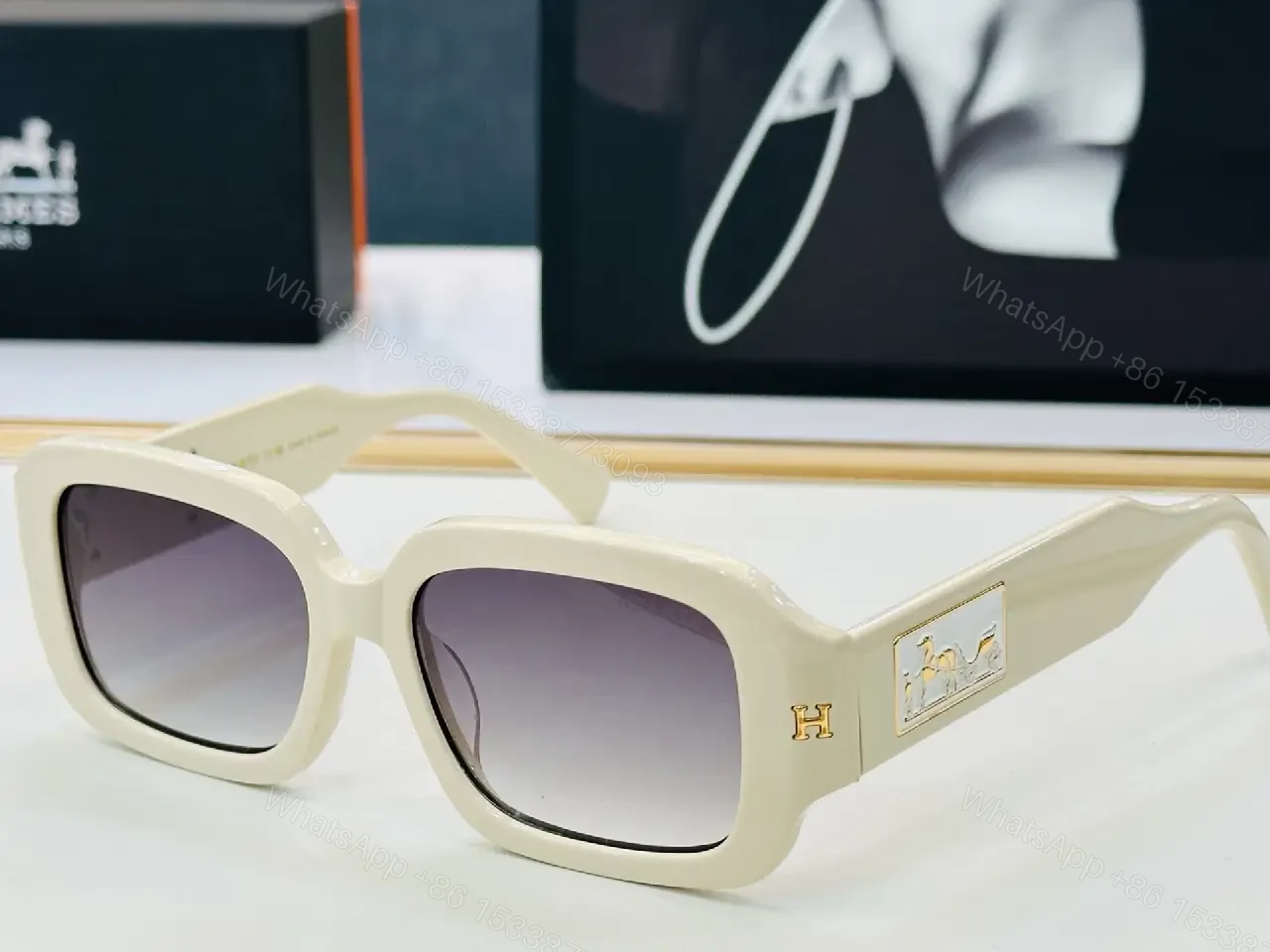 View 8 of Black Acetate Oversized Sunglasses – Square Lenses, Gold Emblem & Plaque Style