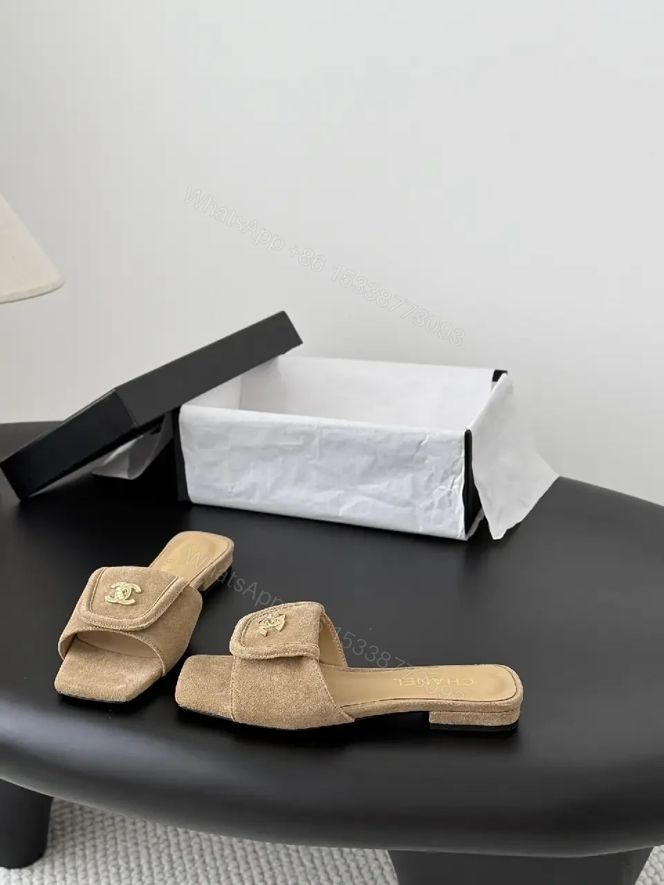 View 6 of Suede Mules with Gold Logo - Chic Luxury, Open-Back Style