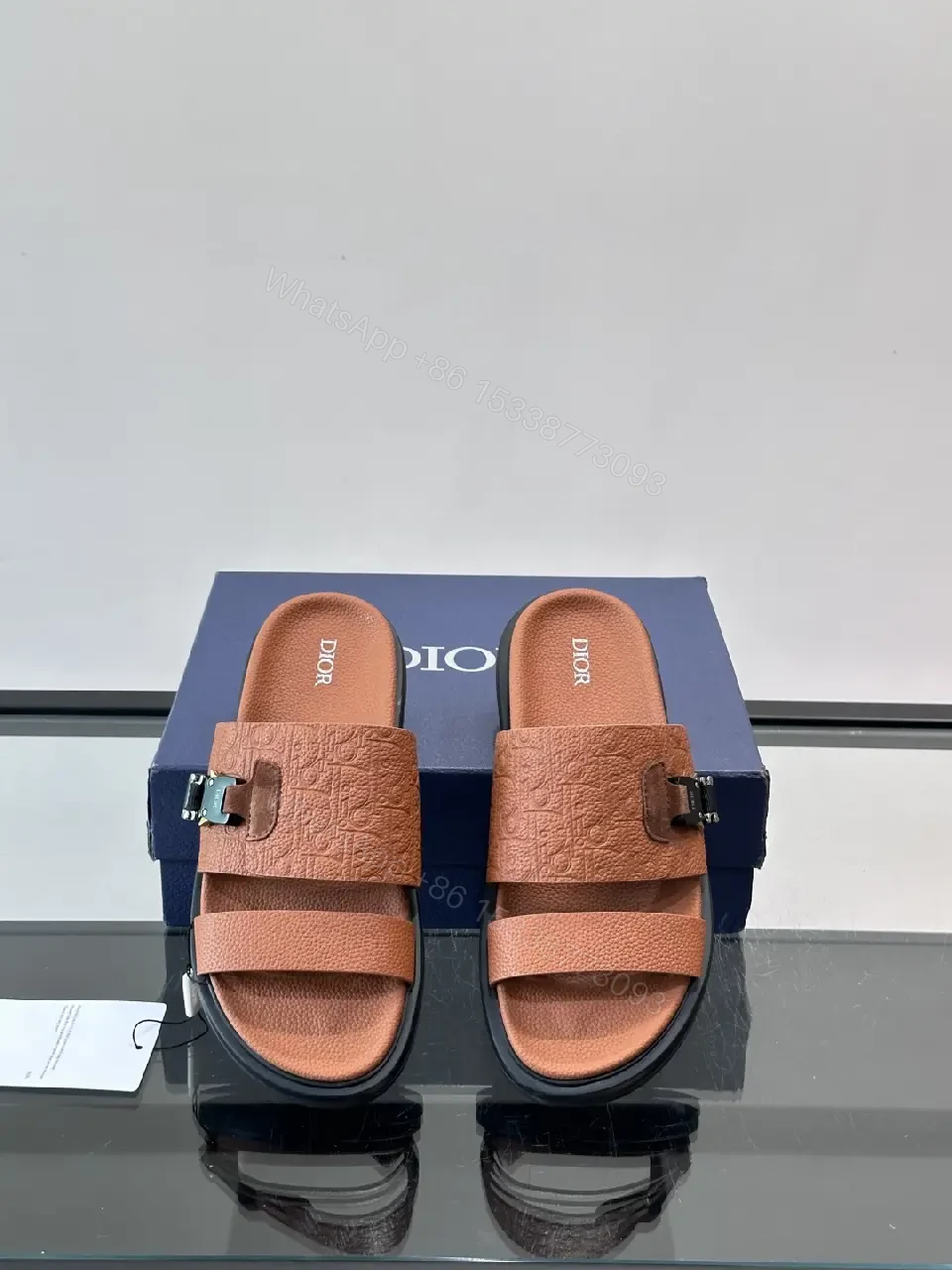 View 9 of Brown Leather Sandals Dior Embossed Classic Slide Buckle Strap Sandals