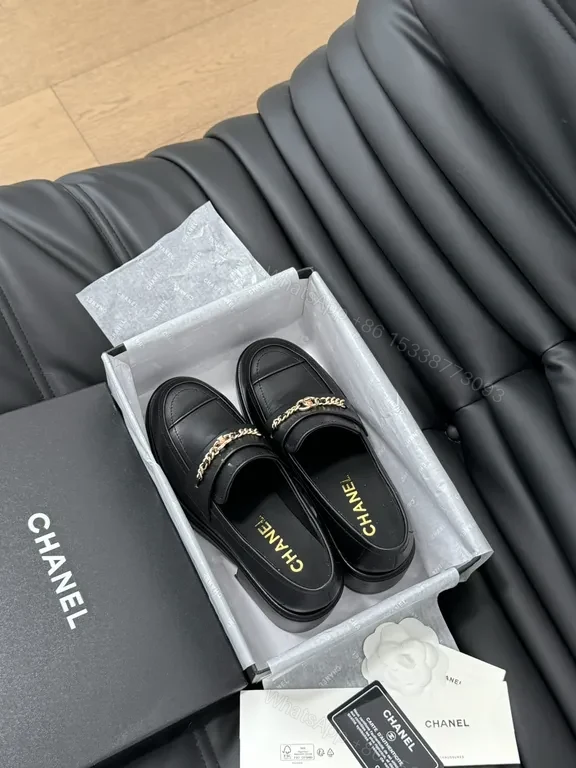 View 5 of Chanel-Inspired Leather Loafers with Gold Chain Detail