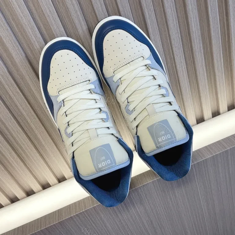 View 9 of Ivory Leather Dior-Inspired High-Top Sneakers with Blue Accents