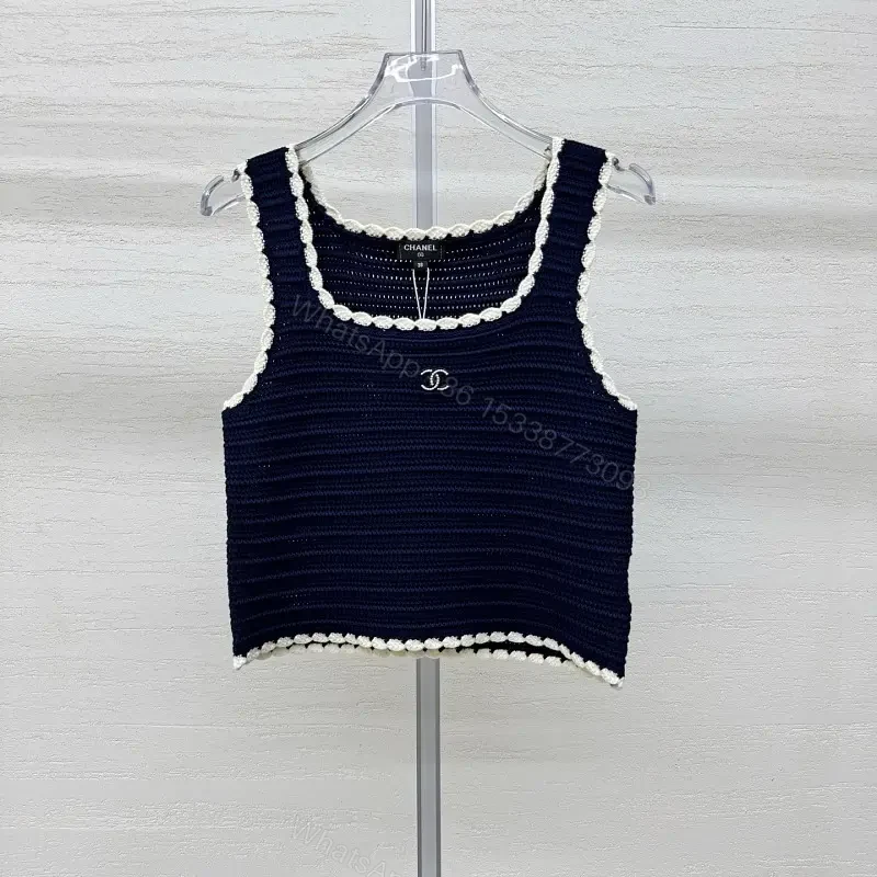 Navy Knit Tank with Ivory Trim – Textured Luxury Top — view 1