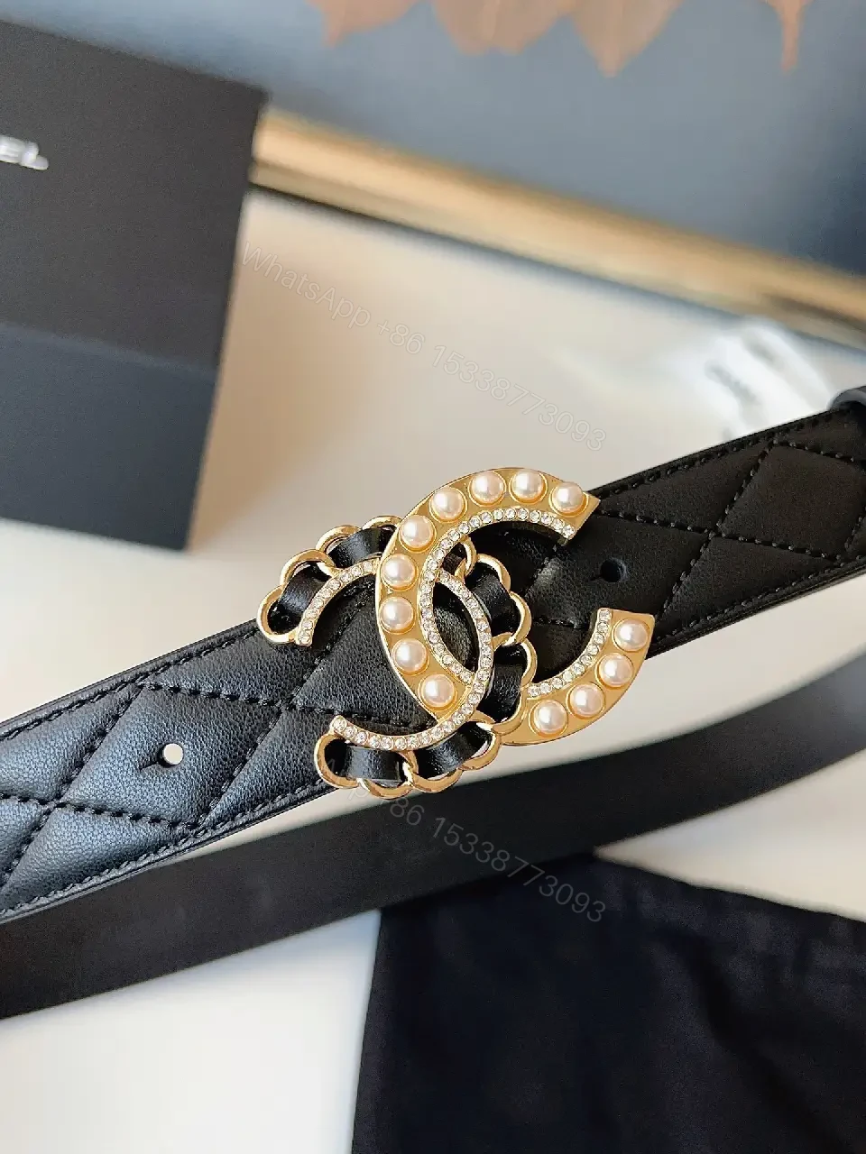View 6 of Quilted Black Belt with Pearl Buckle - Lux Style Accessory