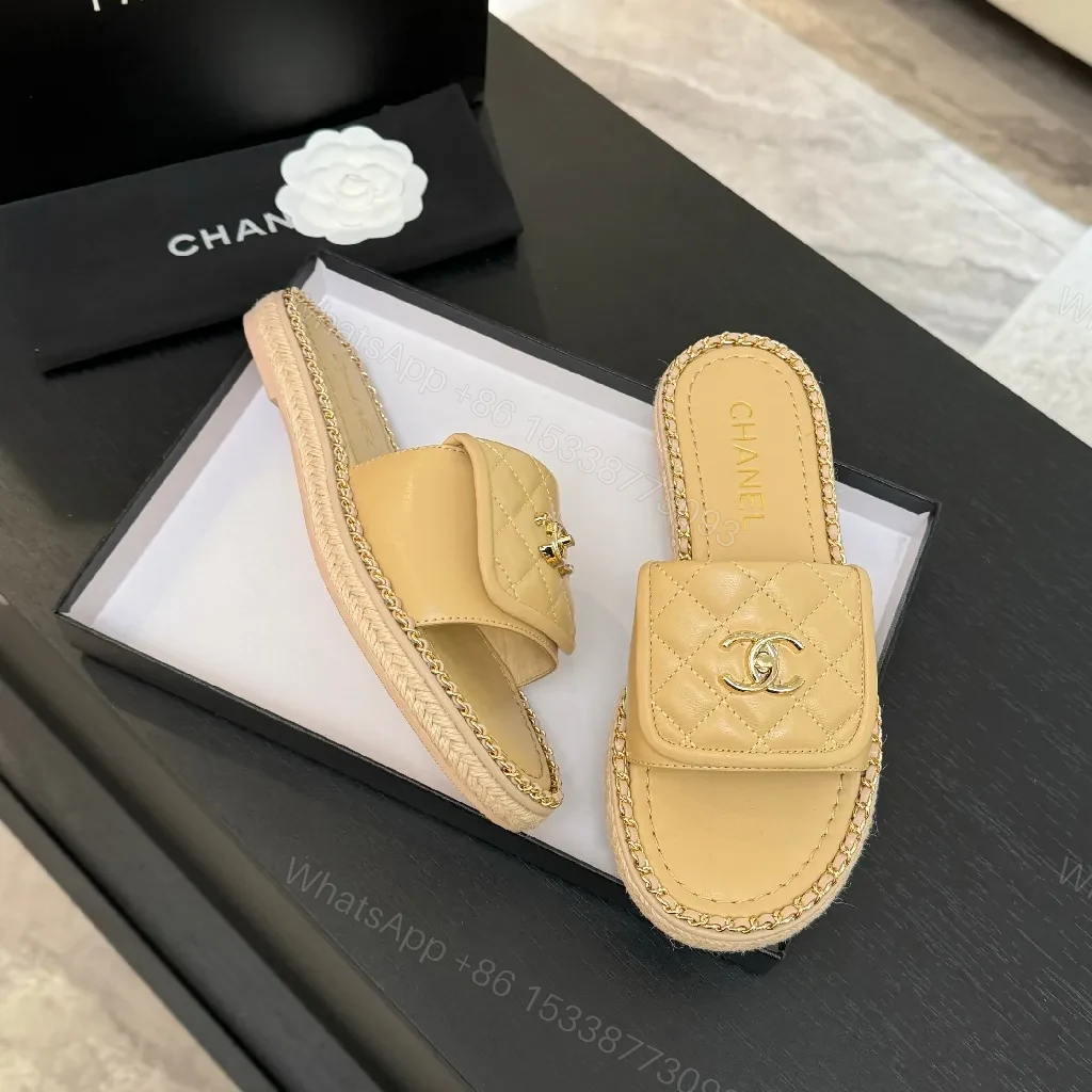 View 8 of Beige Quilted Slide, Gold Logo, Designer-Inspired Comfort