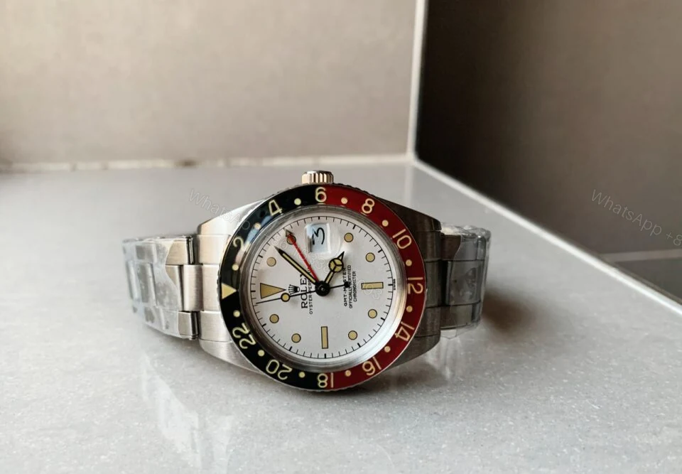 View 4 of VINTAGE Rolex GMT Master 6542 Black/Red Bezel White Dial A2836