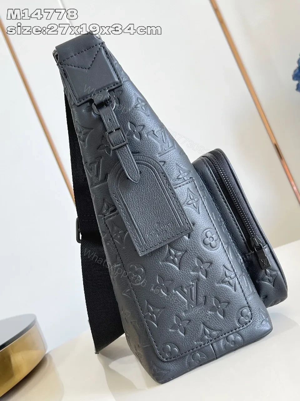 View 3 of Textured Leather Everyday Carry Bag: Minimalist Leather, Crossbody Style, Monogram Texture, 2 Front Pockets, Durable Sizing