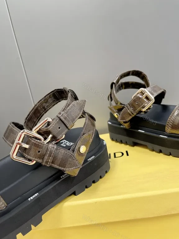 View 5 of Brown Leather Sandals + Fendi Logo Pattern + Slide + Adjustable Buckle + Sandals