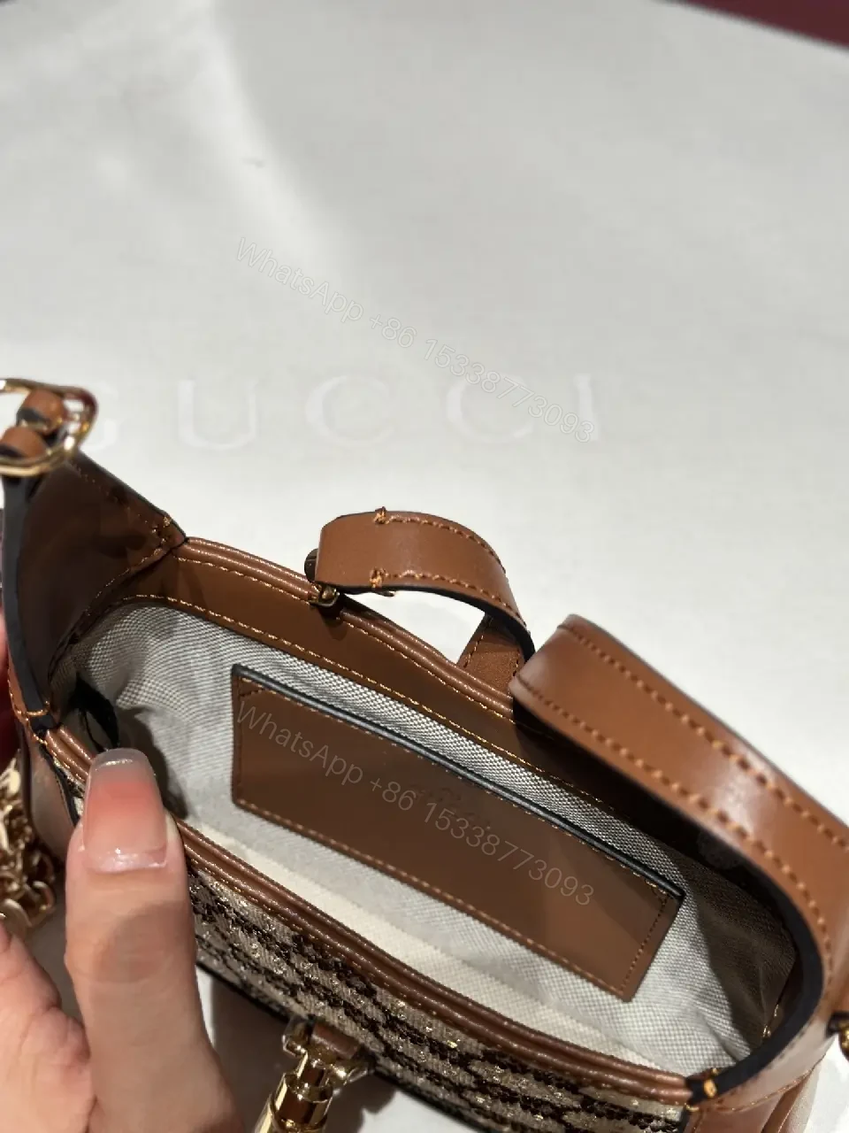 View 3 of Beige GG Supreme Satchel: Mini Structured Elegance, Gold Hardware