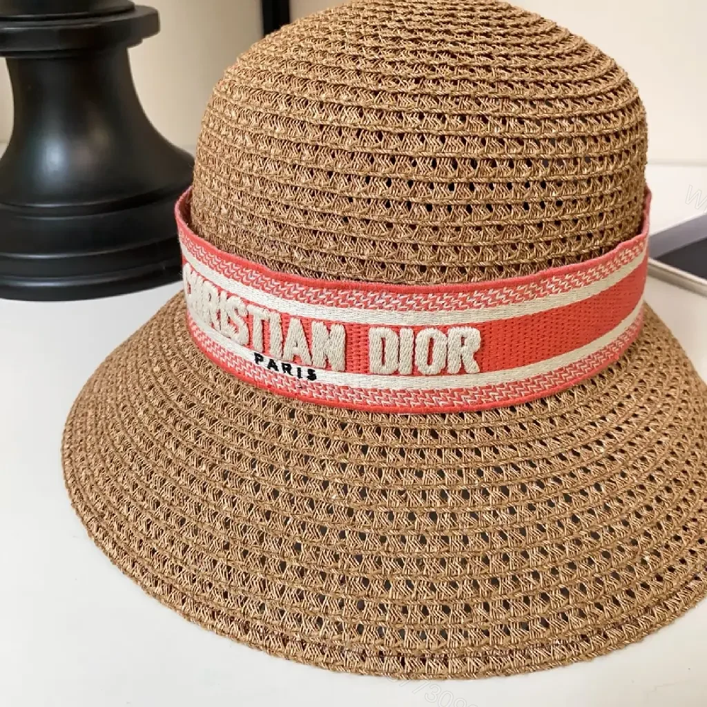 View 4 of Light Brown Straw Hat Wide Brim Red Dior Band Hat