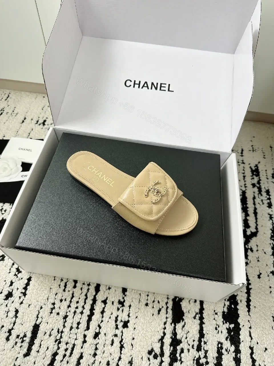 View 10 of Neutral Beige Leather Slides + Logo Accent, Modern Luxury Slide