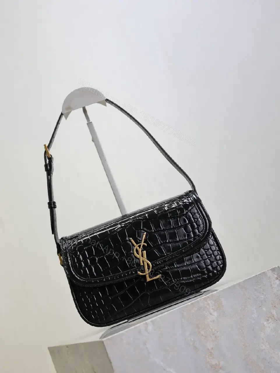 View 6 of Crocodile-Texture Leather Shoulder Bag with Gold Hardware