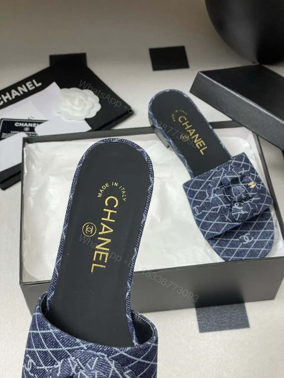 View 8 of Denim Pattern Slip-Ons with Signature Flower Bow Mule