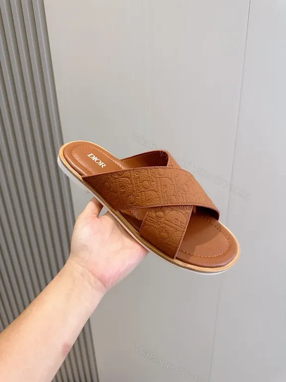 Chic Leather Slide Sandals with Monogram Texture — view 1