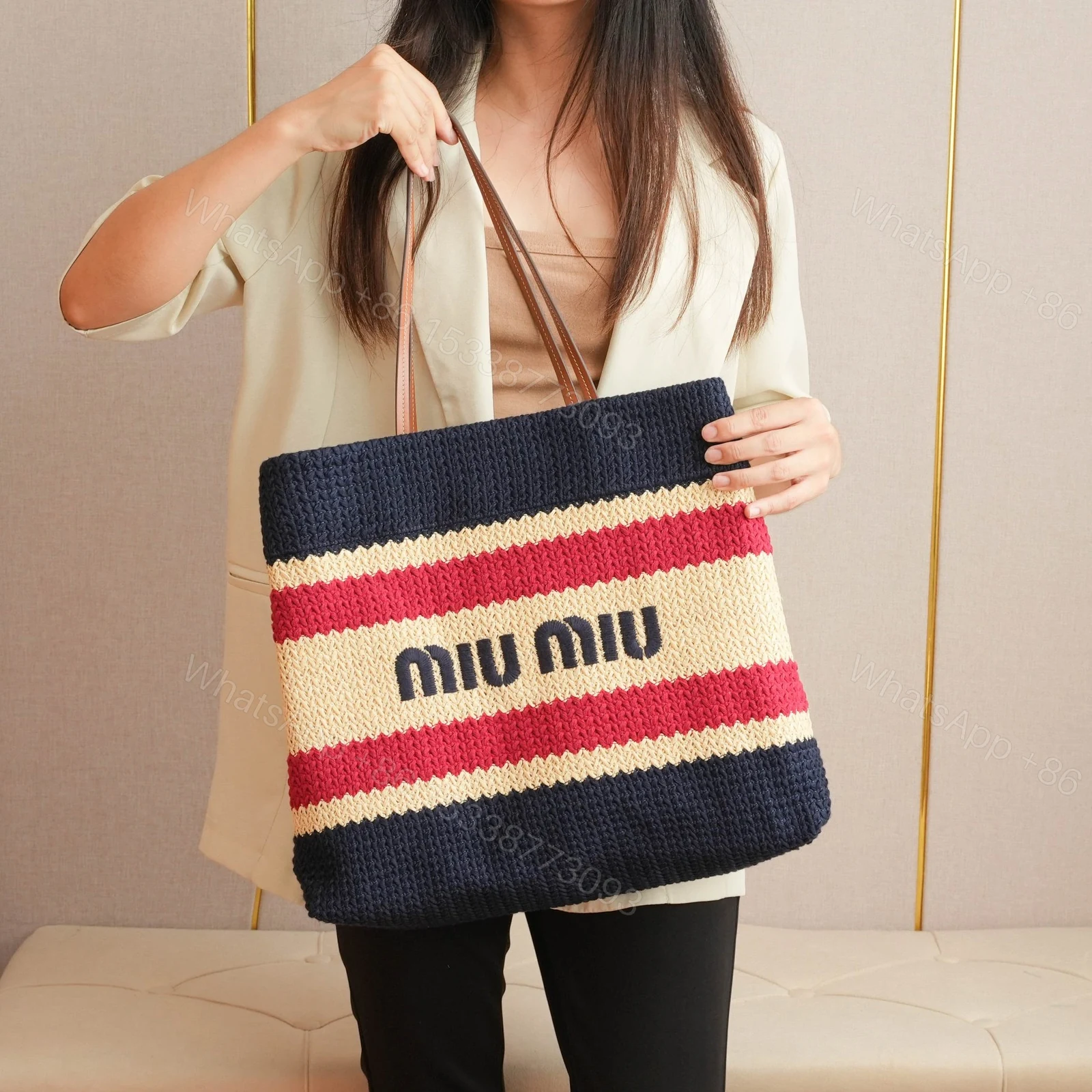 View 14 of 高仿miumiu*5BG228拼色LOGO手提包深藍色免檢版