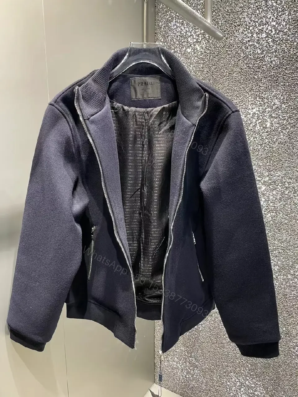 View 4 of Navy Knit Zip Bomber - Refined Texture, Subtle Logo