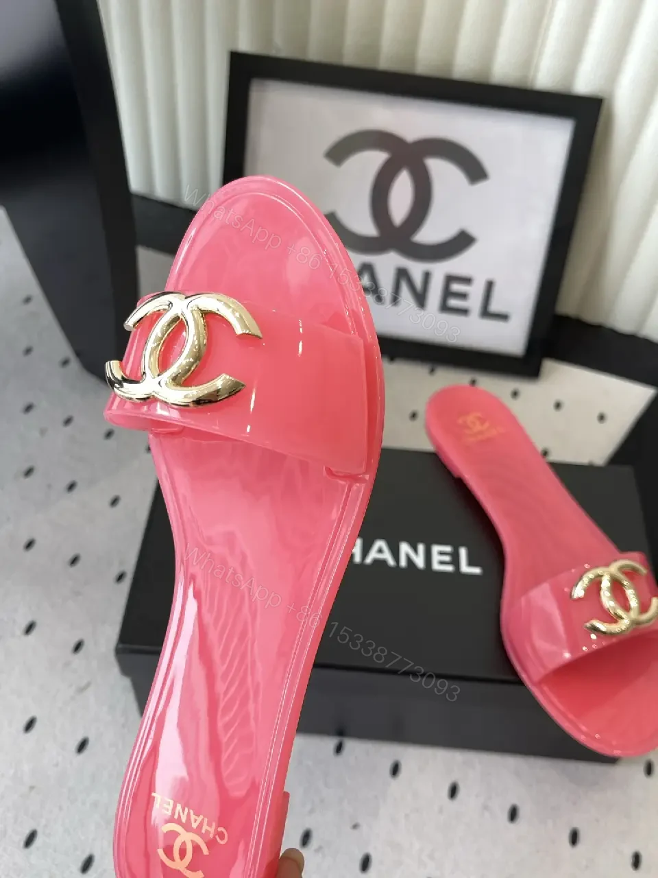 View 4 of Pink Plastic Slide Sandals Gold Logo Chanel Style Luxury Comfort Sandals
