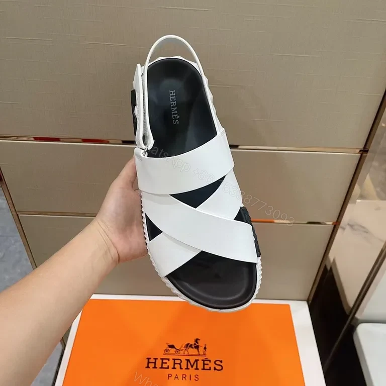 View 2 of White Leather Cross-Strap Platform Sandals - Hermes-Influenced Luxury