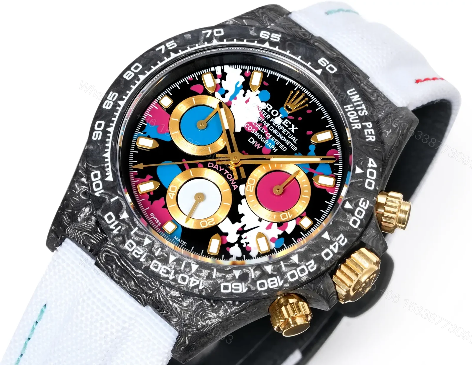 View 4 of Best Rolex Daytona Carbon Art Dial replica 40MM White Fabric Strap Edition RG-DAYTONA-CARBON-ART-WHITE-STRAP-40