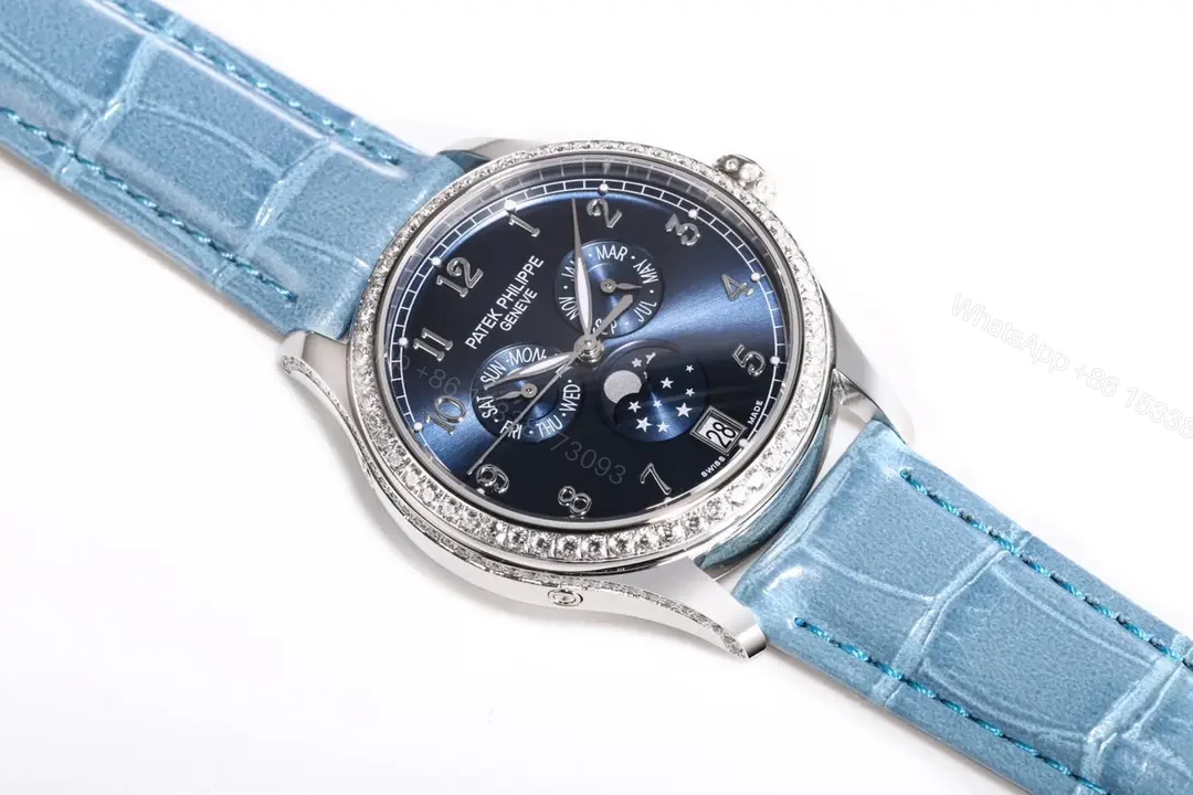 View 9 of Patek Philippe Complications Collection Annual Calendar Moon Phase Women’s Watch in Blue with Diamond Set Case 38mm Italian Leather Strap