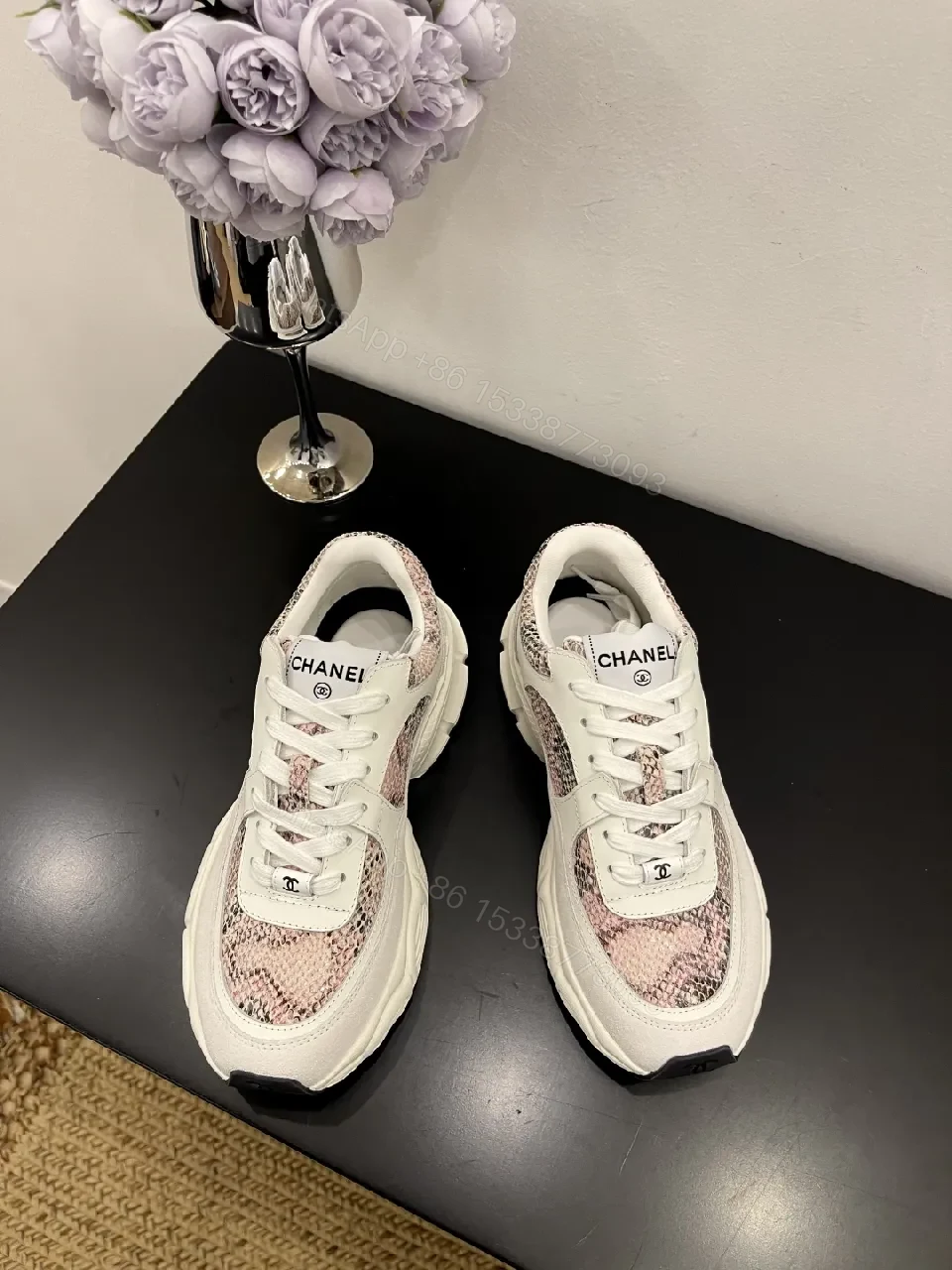 Snake-Print Sneakers: White Leather, Pink Accent, Modern Luxe, Comfort — view 1
