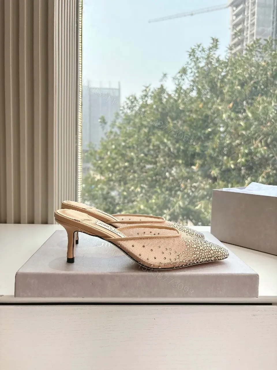 View 5 of Beige Beaded Pointed-Toe Mules — Luxe Crystal Shine