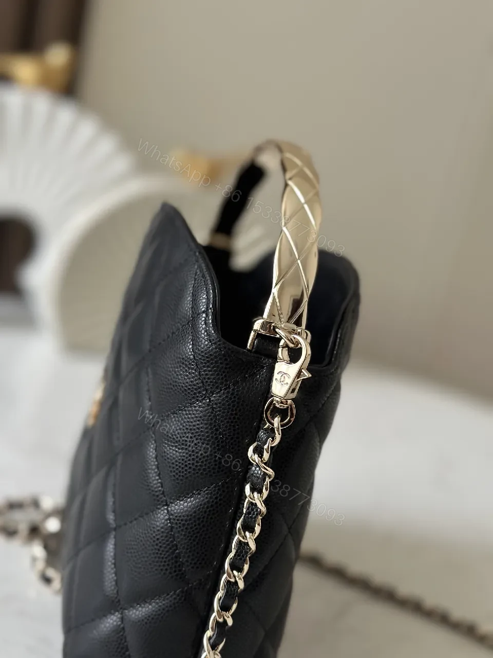 View 4 of Quilted Black Leather Bag with Gold Chain