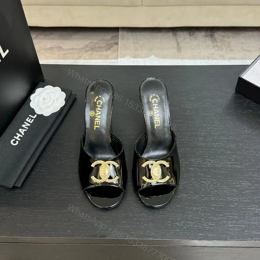 View 7 of Black Patent Mule with Gold Logo Accent – Open-Toe, Block-Heel, Luxury Style