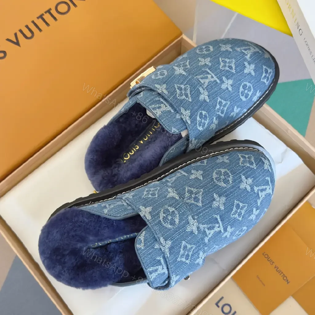 View 5 of Denim-Textured Monogram Mule: Cozy Luxe Slip-On Comfort