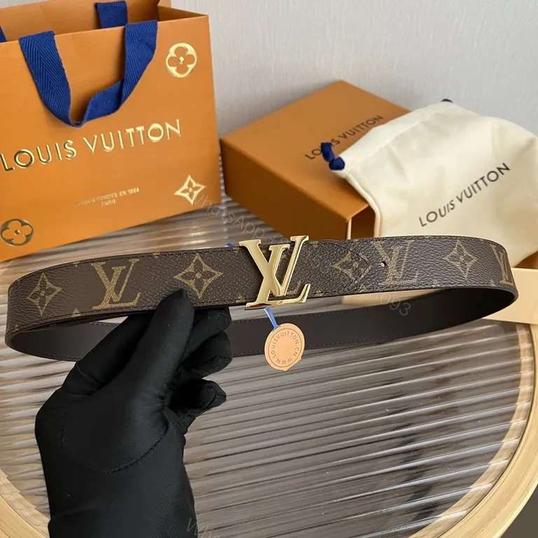 View 2 of Premium Leather Belt with Gold LV Interlock Buckle