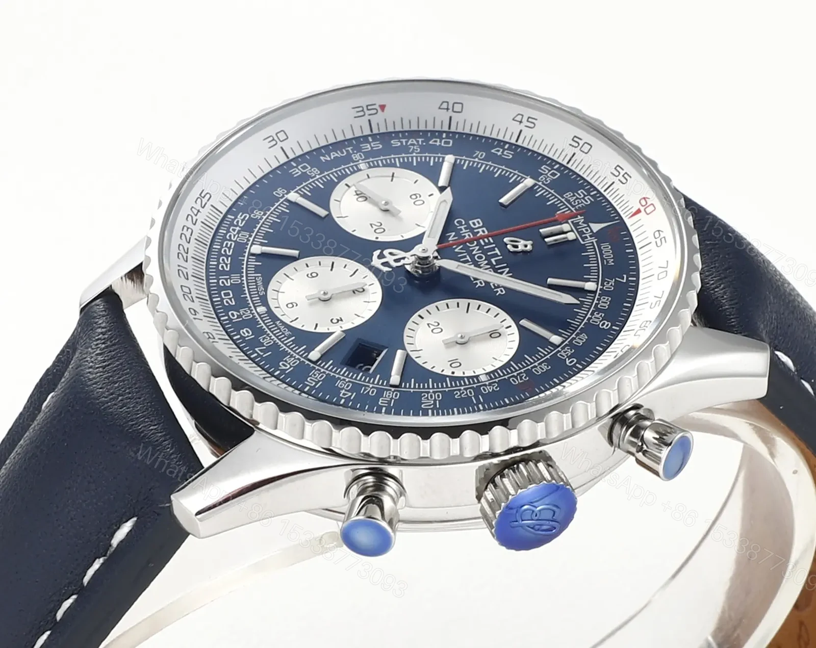 View 4 of KOR Factory Breitling Navitimer 1 B01 Chronograph – Blue Dial, Stainless Steel Case, Leather Strap