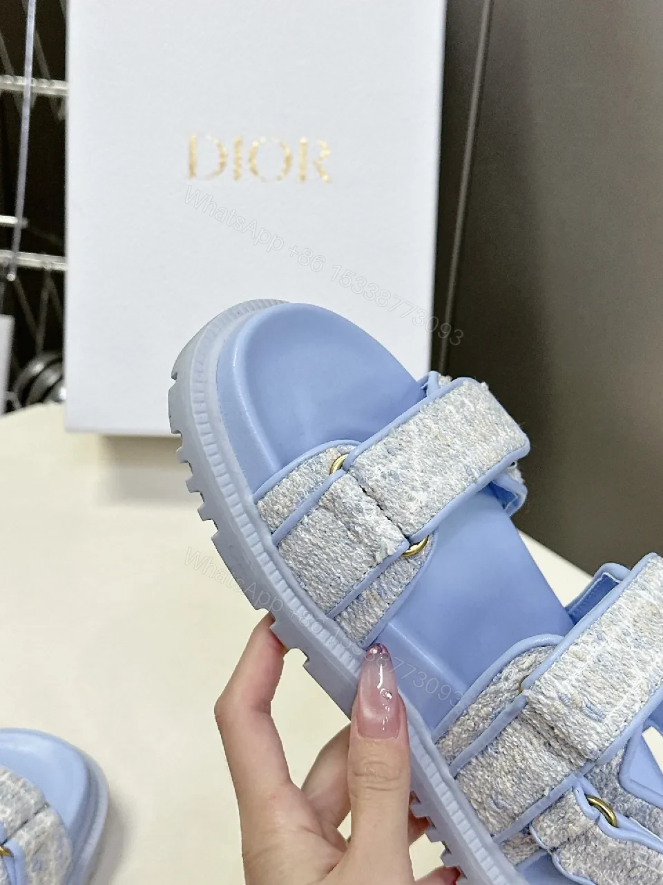 View 9 of Soft-Gleam Crest Sandals: Light-Blue Textured Straps, Minimal Logo