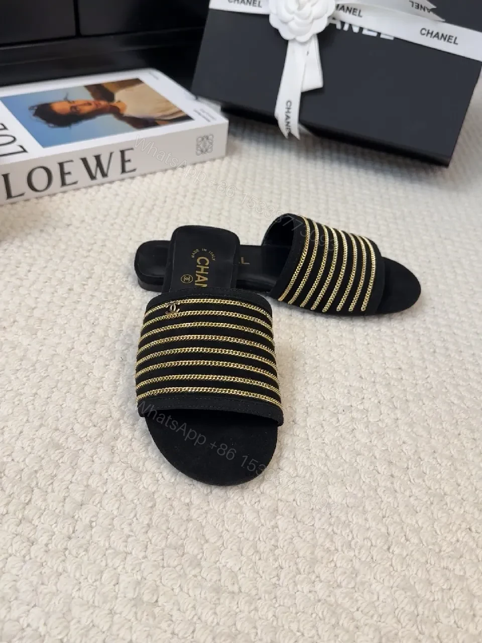 View 9 of Gold-Accent Slip-Ons: Textured Luxury Sandals