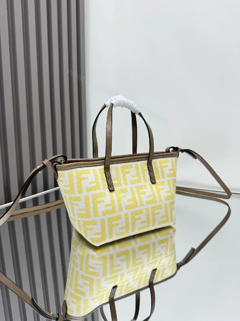 View 3 of Yellow Canvas Tote, Geometric Print, Mini, Structured, Everyday Luxury Tote