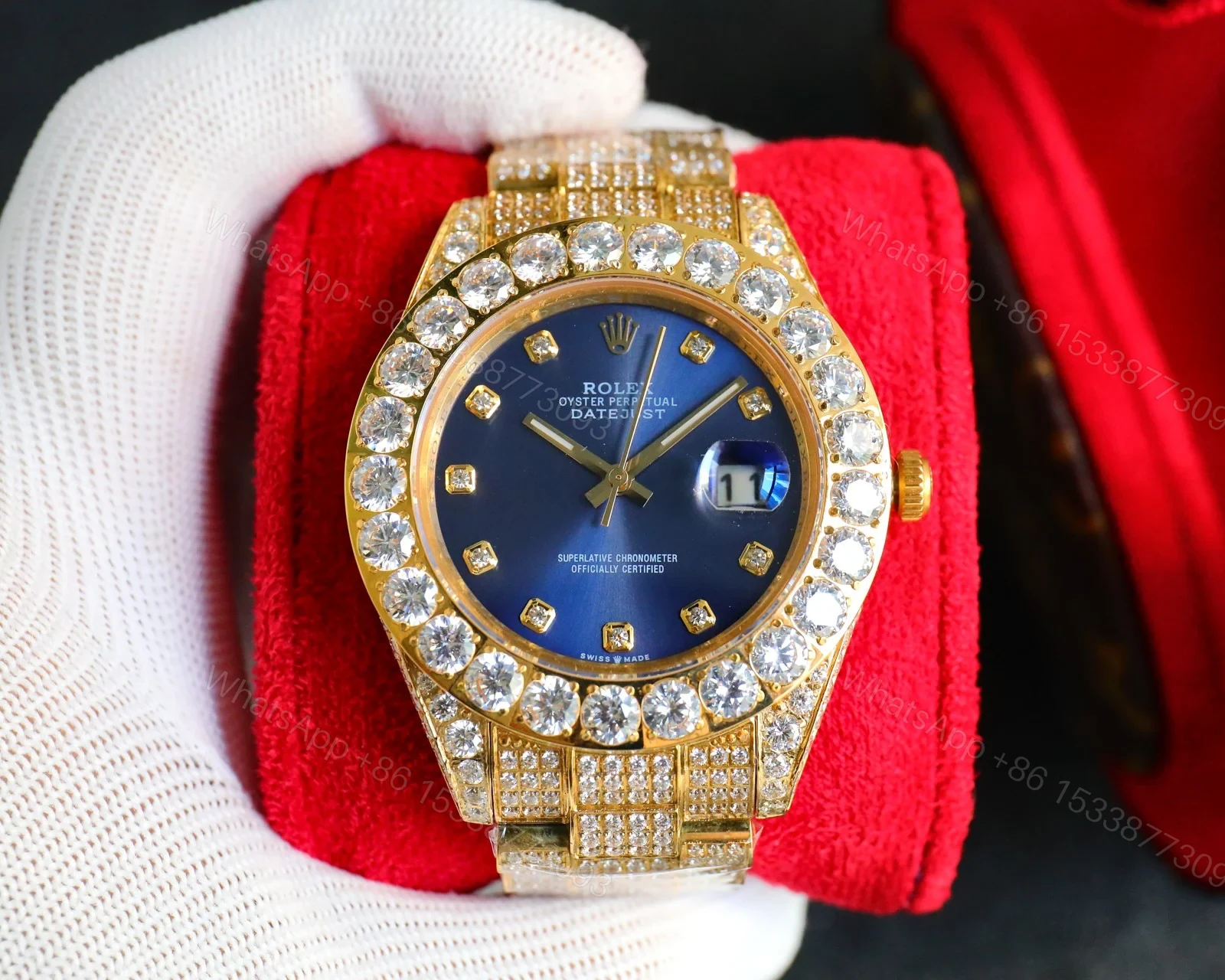 Rolex Day-Date Gold Blue Iced Replica 42MM Premium Full Gold Bracelet Blue Dial Edition ROLEX-DD-GOLD-BLU-ICED-FULL-42 — view 1