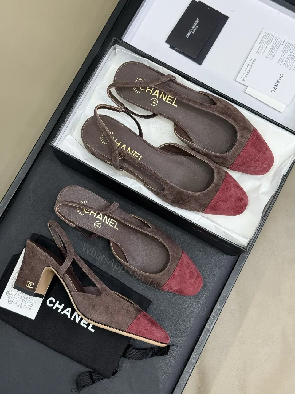 View 7 of Two-Tone Suede Slingback Flats with Red Cap Toe - Modern Minimalism