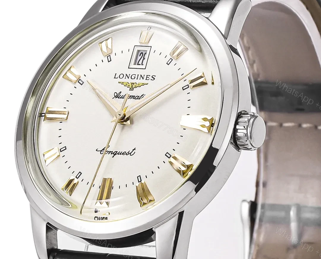 View 4 of Longines Conquest Classic Re Edition Cyclops Watch Silver Dial Black Leather Strap