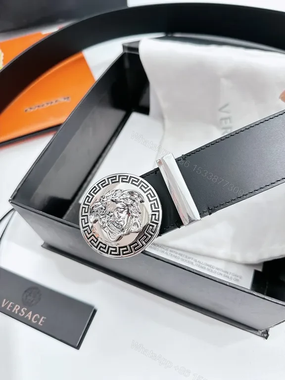 View 3 of Black Leather Versace Medusa Buckle Belt â€“ All-Season Luxury, 3cm