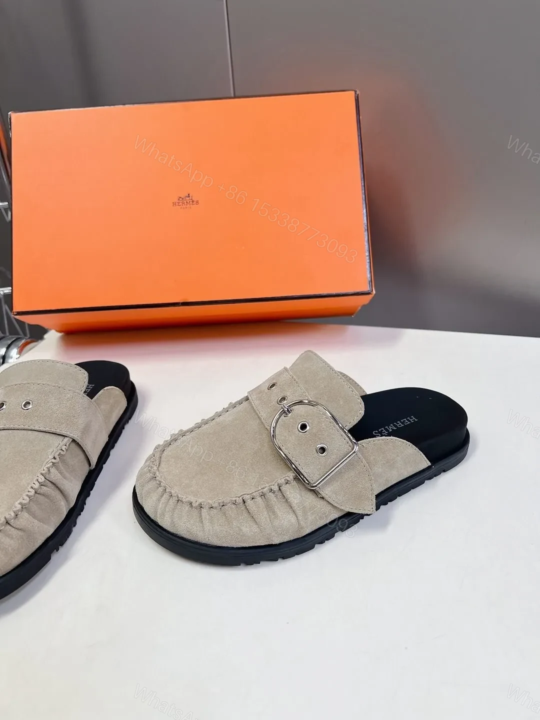 View 4 of Hermes Women Beige Suede Buckle Mules