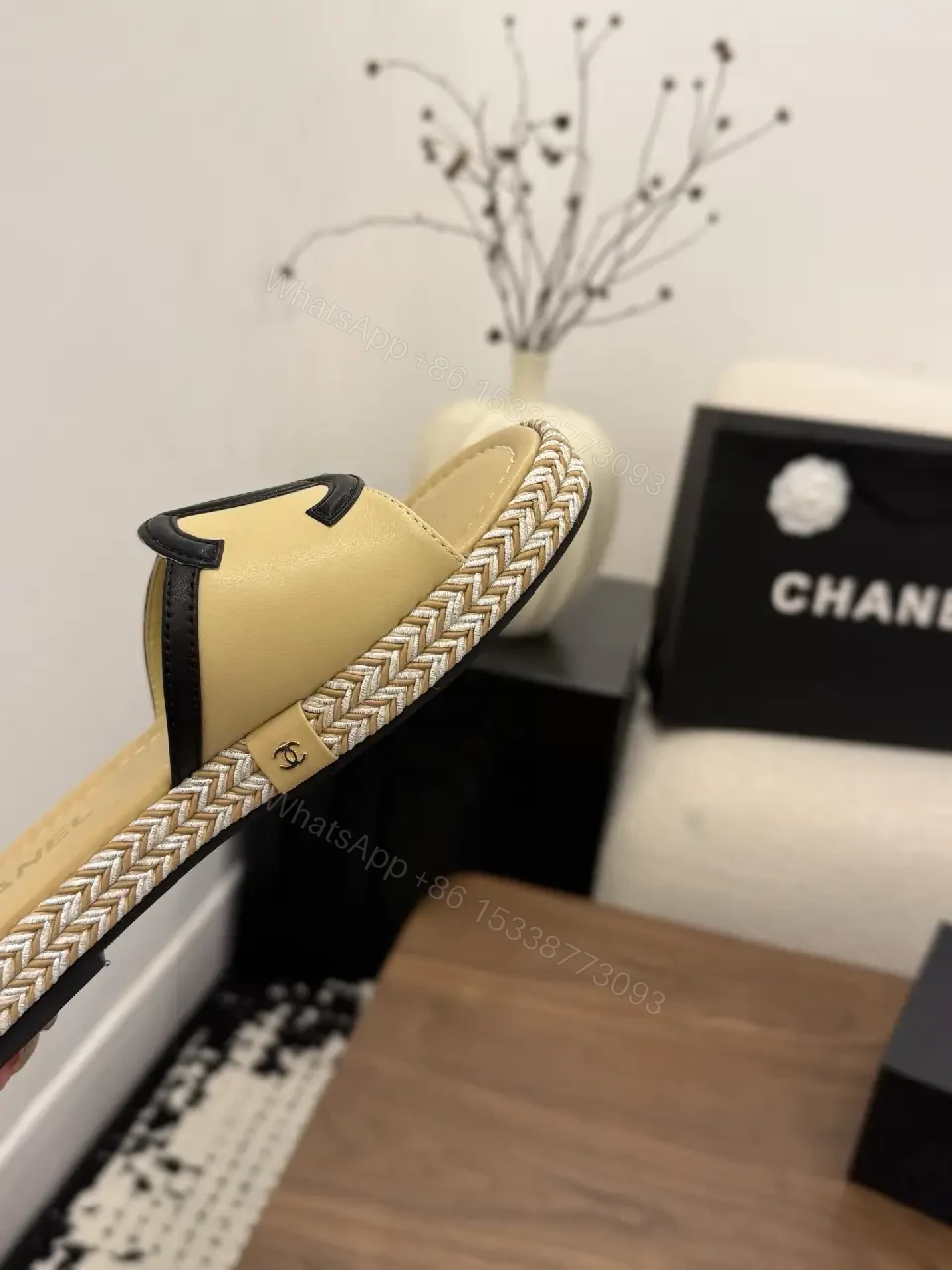View 7 of Neutral Sand Leather Espadrille Slides with Logo Strap