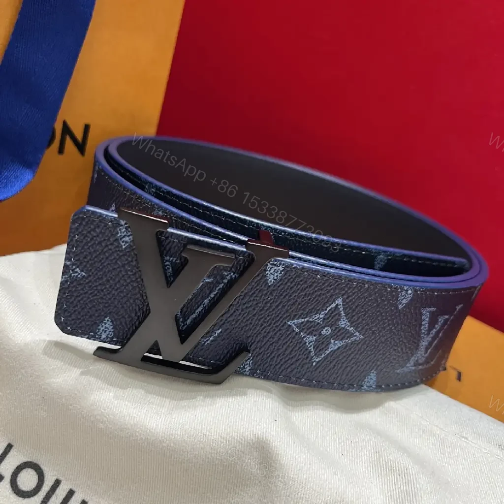 View 7 of Dark Blue/Black LV Patterned Canvas Belt with Bold Oversized Monogram Buckle