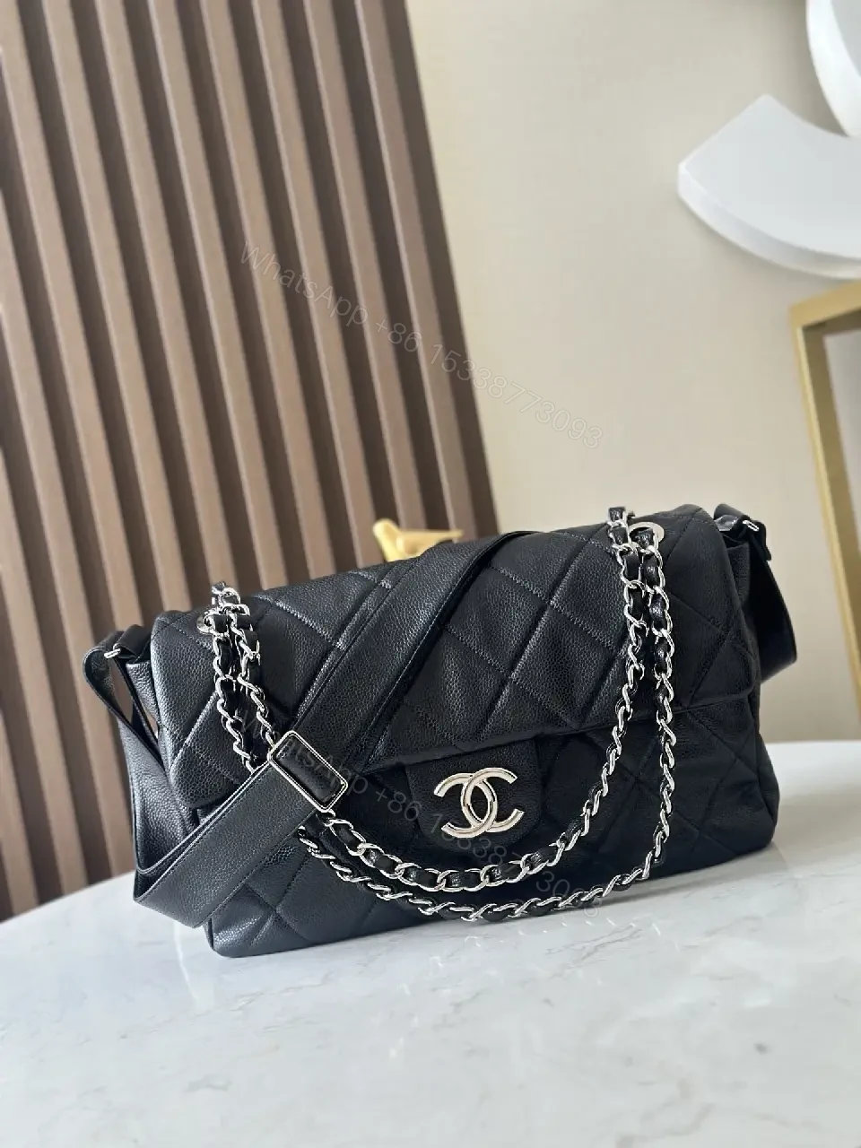Quilted Black Leather Satchel with Silver Chain — view 1